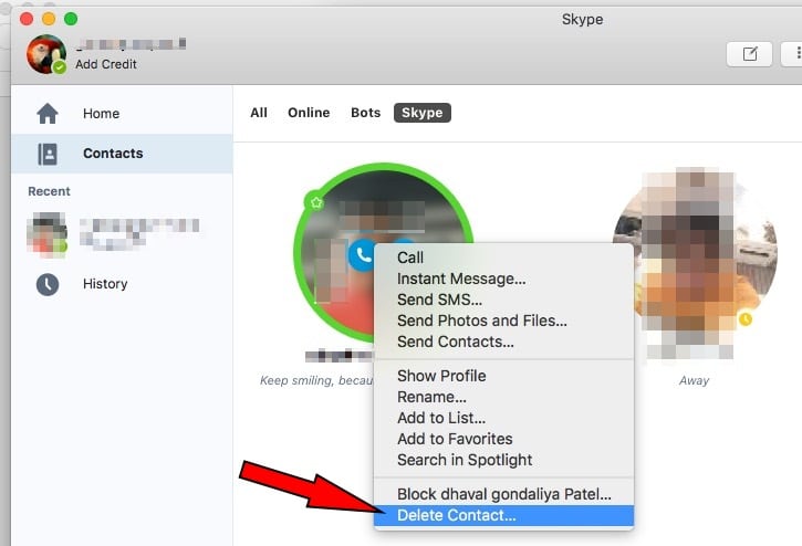 remove contact skype for business mac